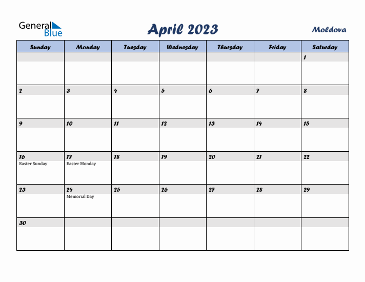 April 2023 Calendar with Holidays in Moldova