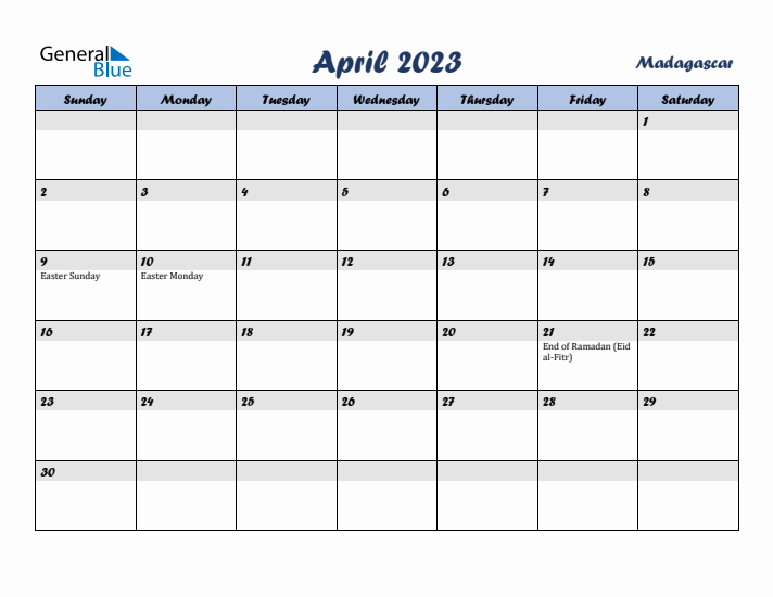 April 2023 Calendar with Holidays in Madagascar