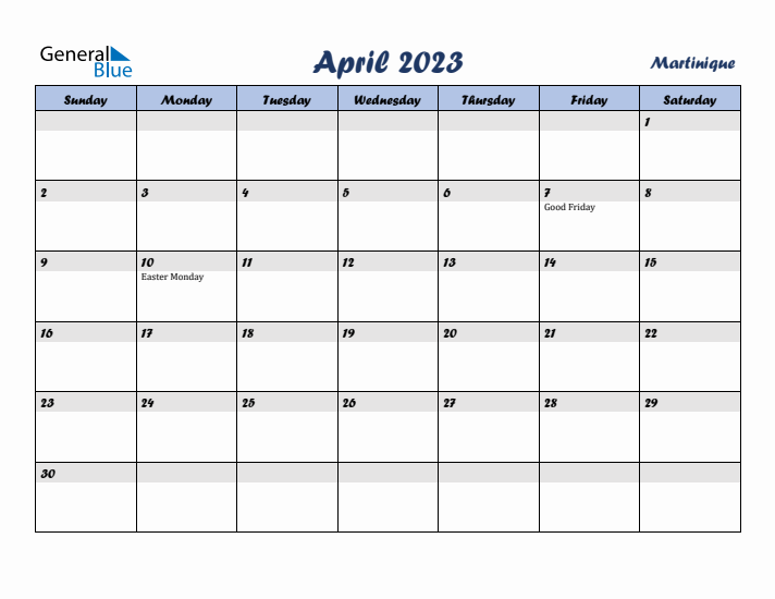 April 2023 Calendar with Holidays in Martinique