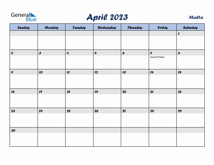 April 2023 Calendar with Holidays in Malta