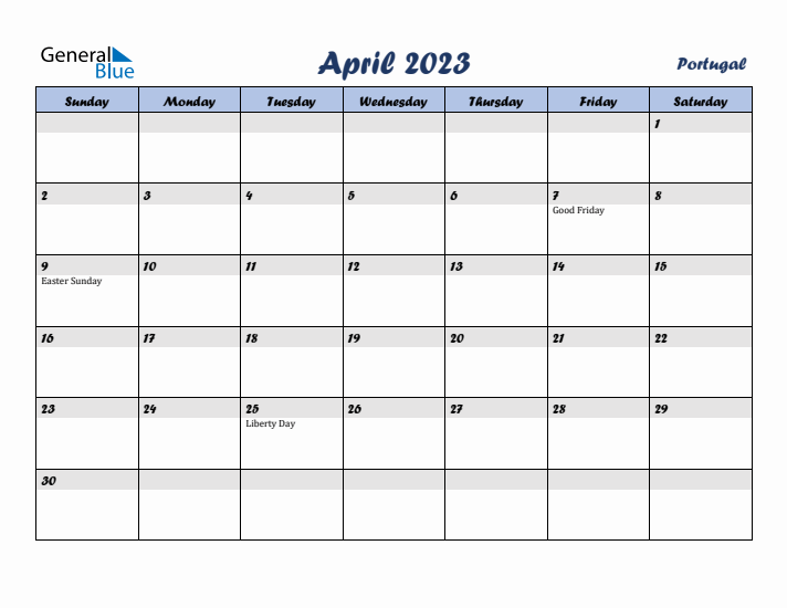 April 2023 Calendar with Holidays in Portugal