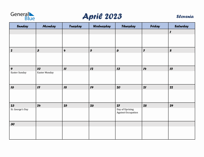 April 2023 Calendar with Holidays in Slovenia