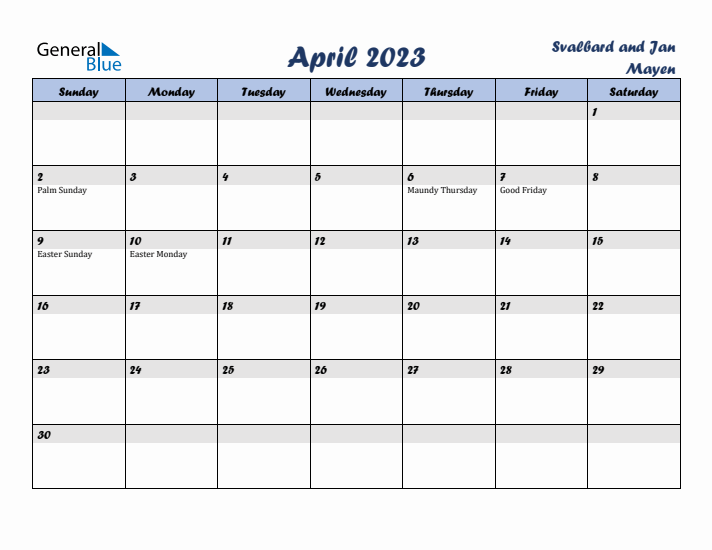 April 2023 Calendar with Holidays in Svalbard and Jan Mayen