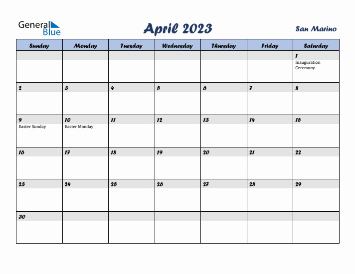 April 2023 Calendar with Holidays in San Marino