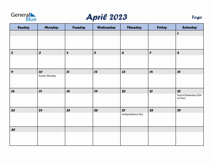 April 2023 Calendar with Holidays in Togo