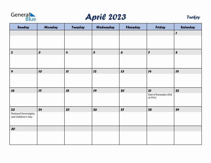 April 2023 Calendar with Holidays in Turkey