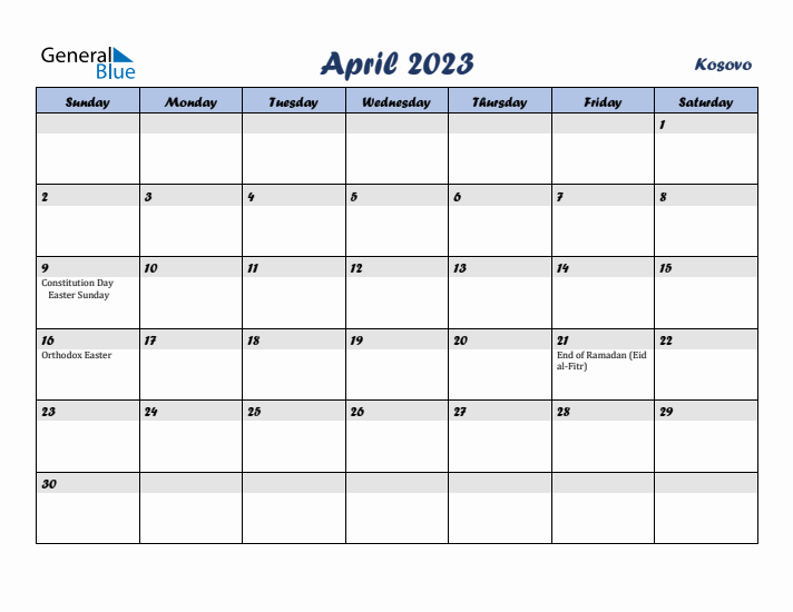 April 2023 Calendar with Holidays in Kosovo