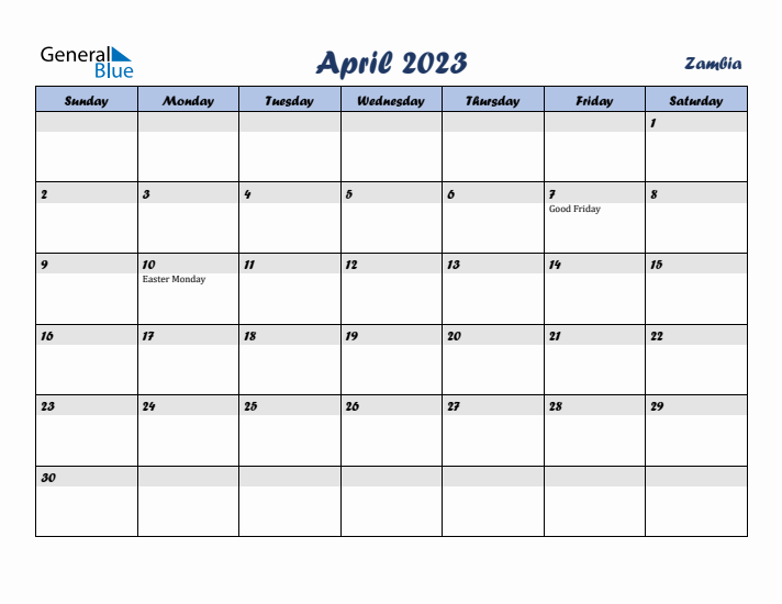 April 2023 Calendar with Holidays in Zambia