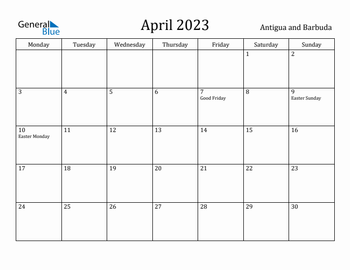 April 2023 Calendar Antigua and Barbuda