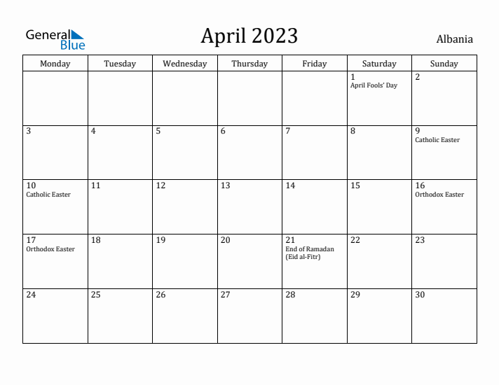 April 2023 Calendar Albania