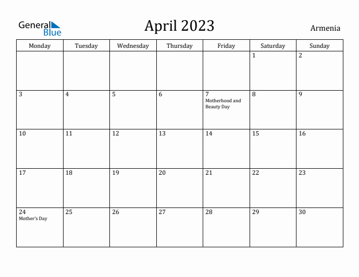 April 2023 Calendar Armenia