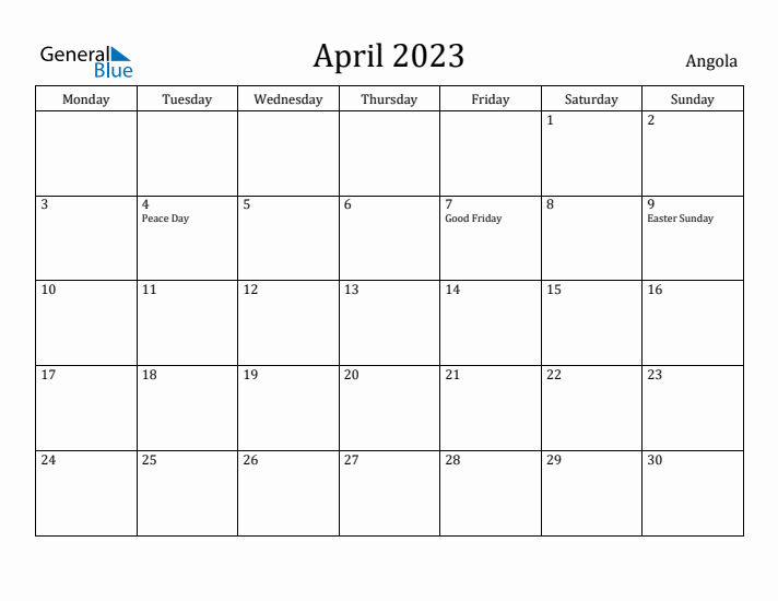 April 2023 Calendar Angola