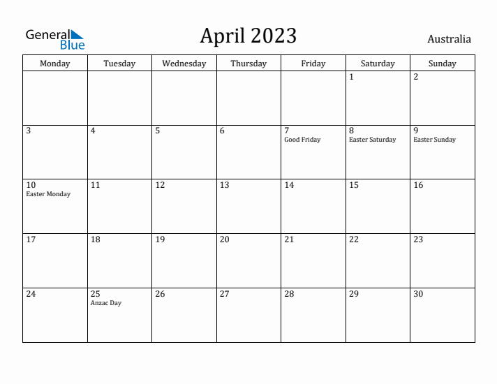 April 2023 Calendar Australia