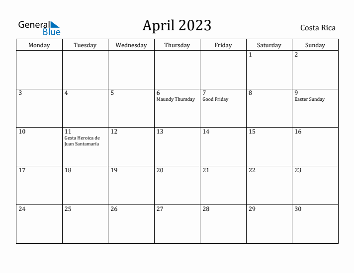 April 2023 Calendar Costa Rica