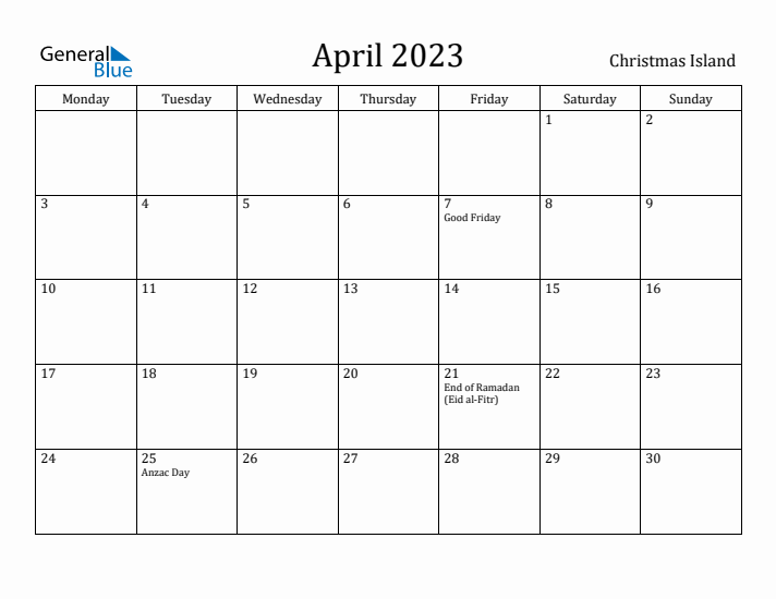 April 2023 Calendar Christmas Island