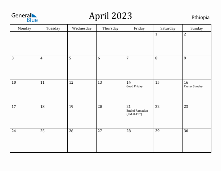 April 2023 Calendar Ethiopia