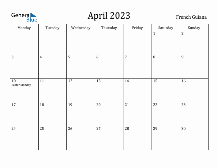 April 2023 Calendar French Guiana