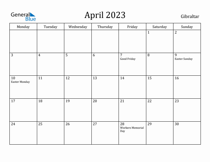 April 2023 Calendar Gibraltar