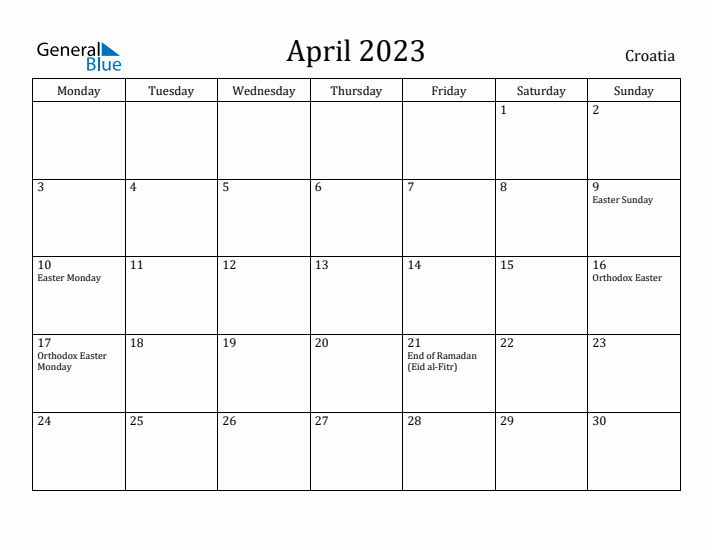 April 2023 Calendar Croatia