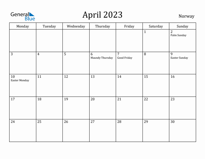 April 2023 Calendar Norway