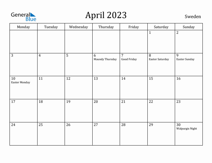 April 2023 Calendar Sweden