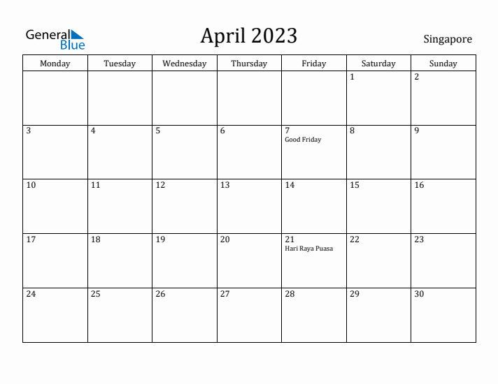 April 2023 Calendar Singapore