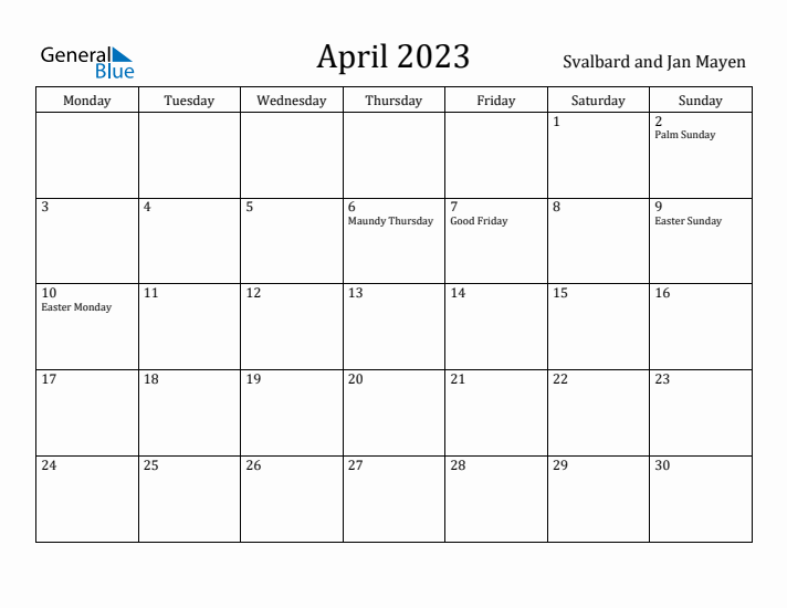 April 2023 Calendar Svalbard and Jan Mayen