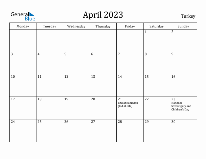 April 2023 Calendar Turkey