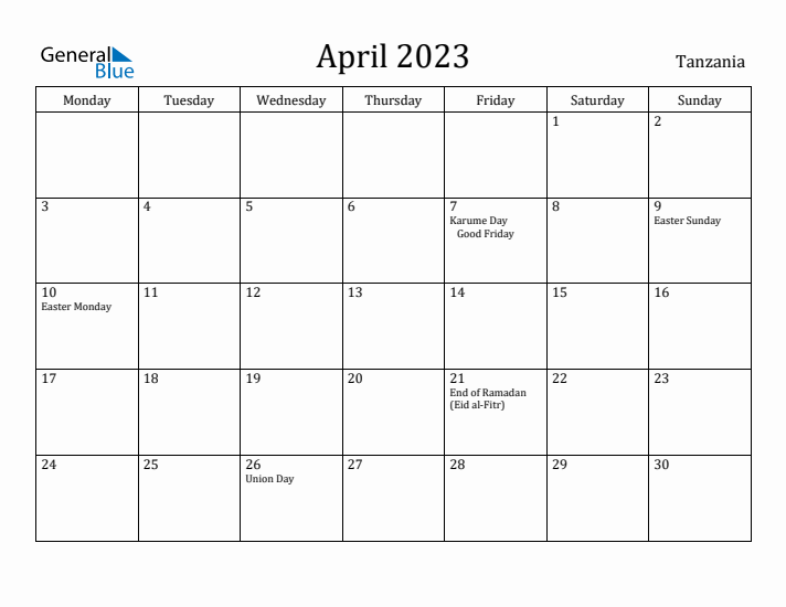 April 2023 Calendar Tanzania