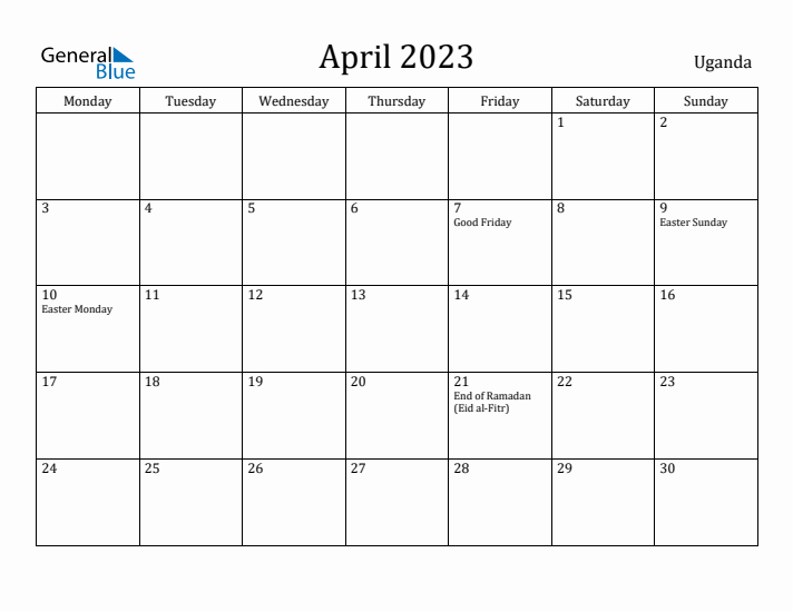 April 2023 Calendar Uganda