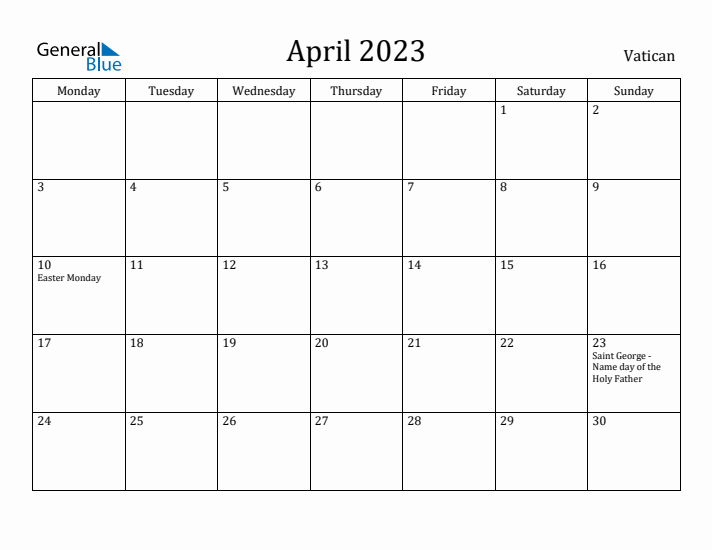 April 2023 Calendar Vatican