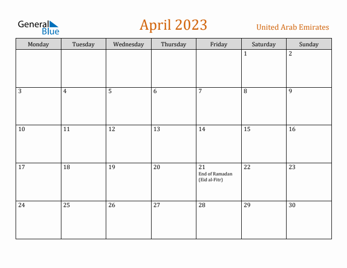 April 2023 Holiday Calendar with Monday Start