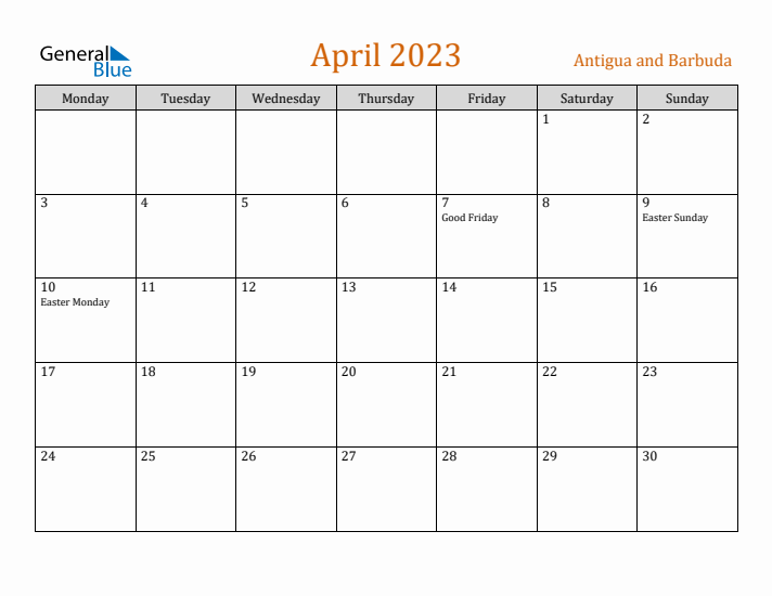 April 2023 Holiday Calendar with Monday Start