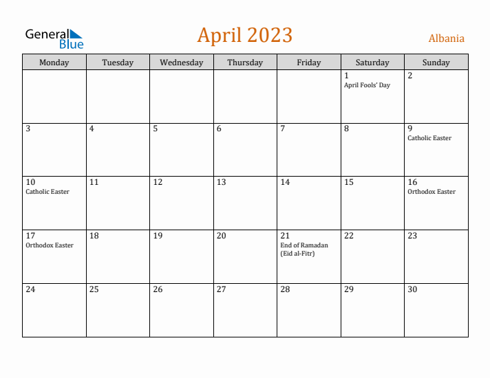 April 2023 Holiday Calendar with Monday Start