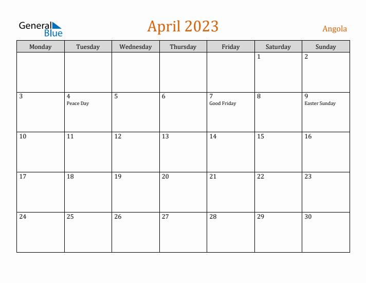 April 2023 Holiday Calendar with Monday Start