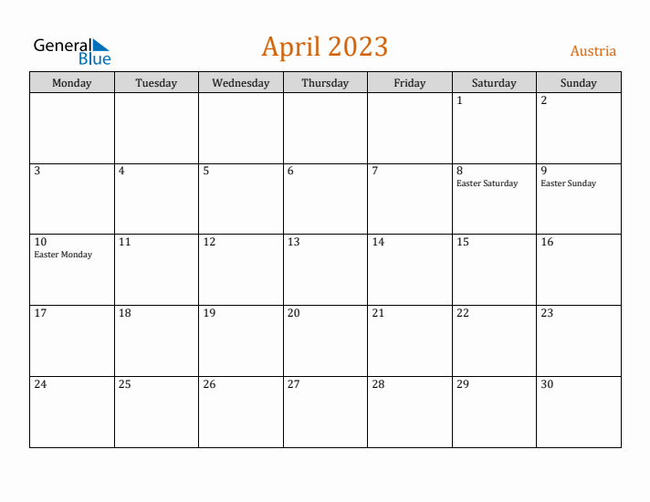 April 2023 Holiday Calendar with Monday Start