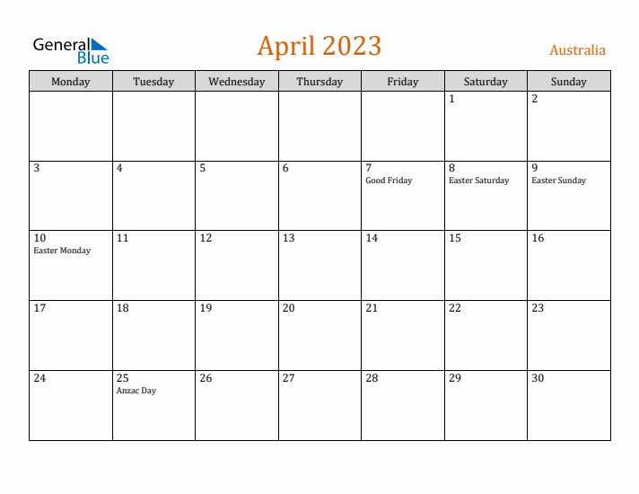 April 2023 Holiday Calendar with Monday Start