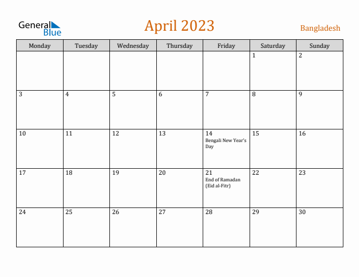 April 2023 Holiday Calendar with Monday Start