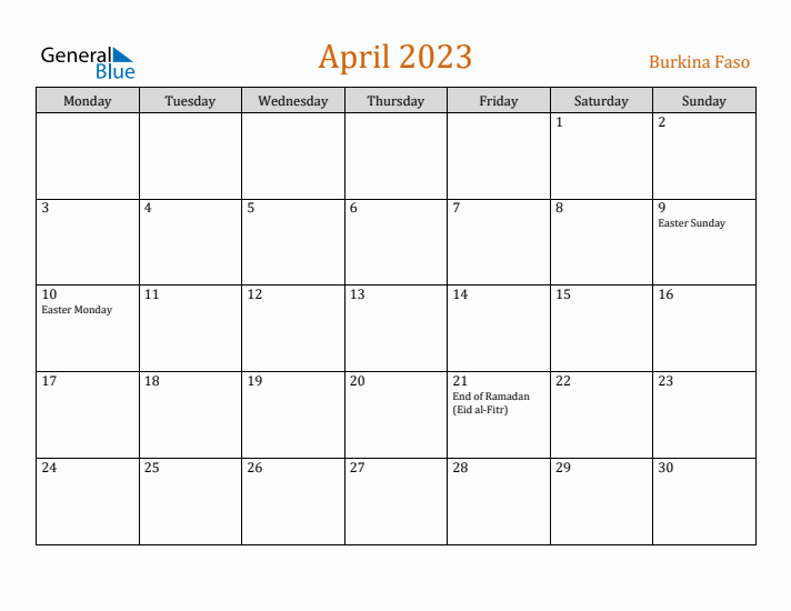 April 2023 Holiday Calendar with Monday Start