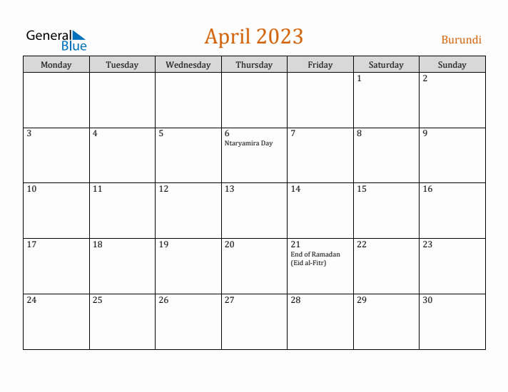 April 2023 Holiday Calendar with Monday Start