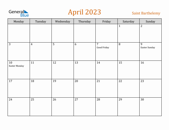 April 2023 Holiday Calendar with Monday Start