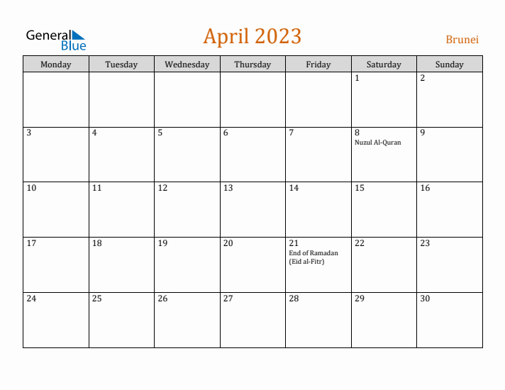 April 2023 Holiday Calendar with Monday Start