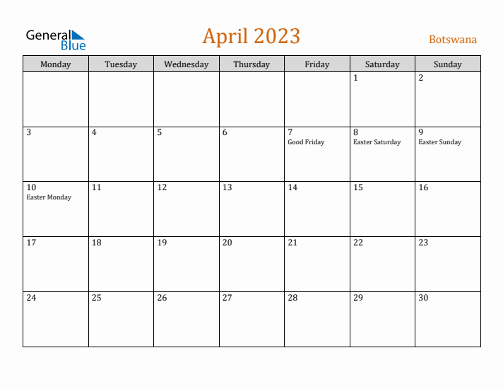 April 2023 Holiday Calendar with Monday Start