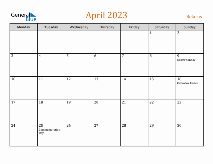 April 2023 Holiday Calendar with Monday Start