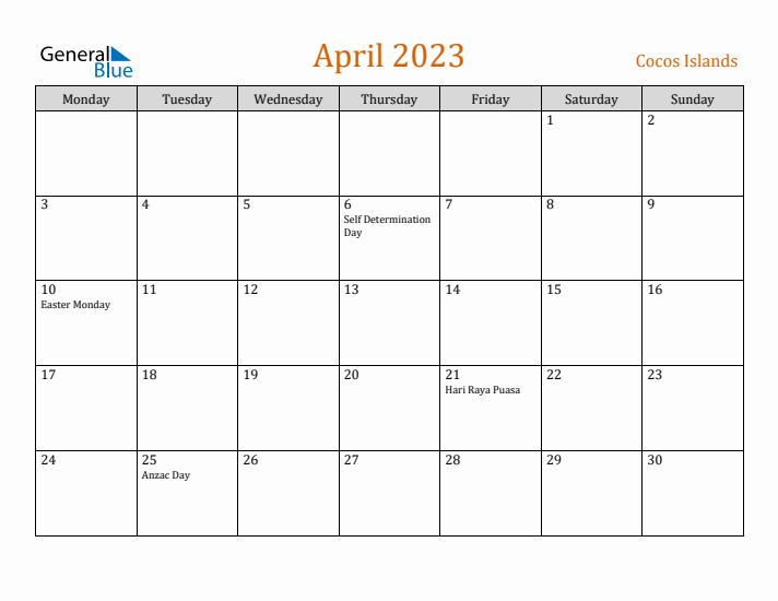 April 2023 Holiday Calendar with Monday Start