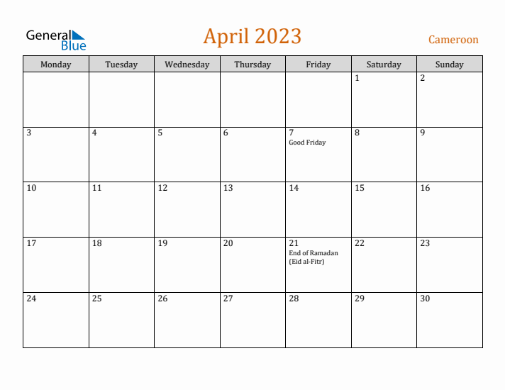 April 2023 Holiday Calendar with Monday Start