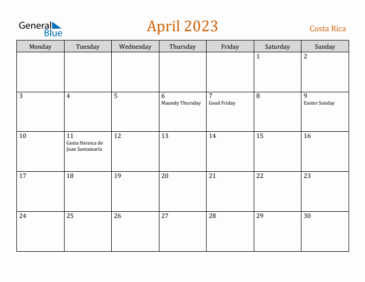 April 2023 Holiday Calendar with Monday Start