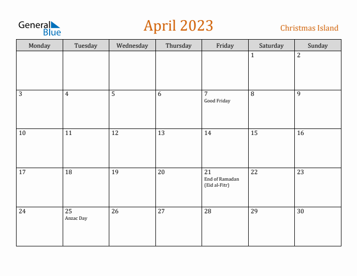 April 2023 Holiday Calendar with Monday Start