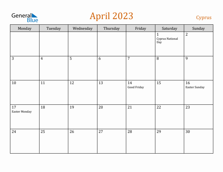 April 2023 Holiday Calendar with Monday Start