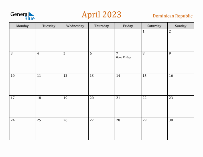 April 2023 Holiday Calendar with Monday Start